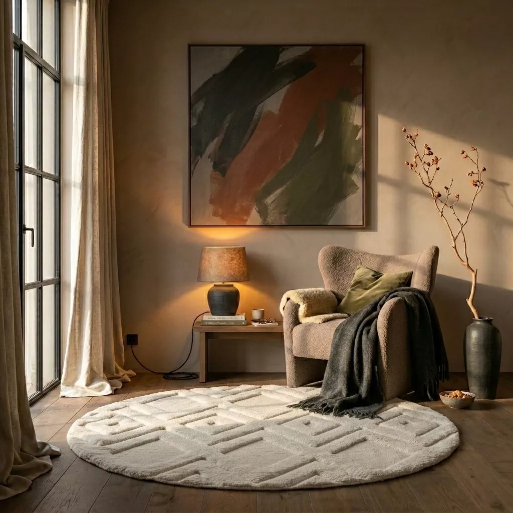 Tapis rond Lina en laine écru dans un salon Japandi warm taupe, fauteuil bouclé mushroom, tableau abstrait terracotta