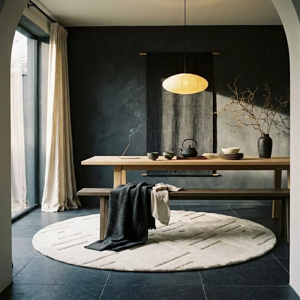 Tapis rond Lina en laine écru dans une salle à manger Japandi charcoal, tapisserie lin, suspension washi paper