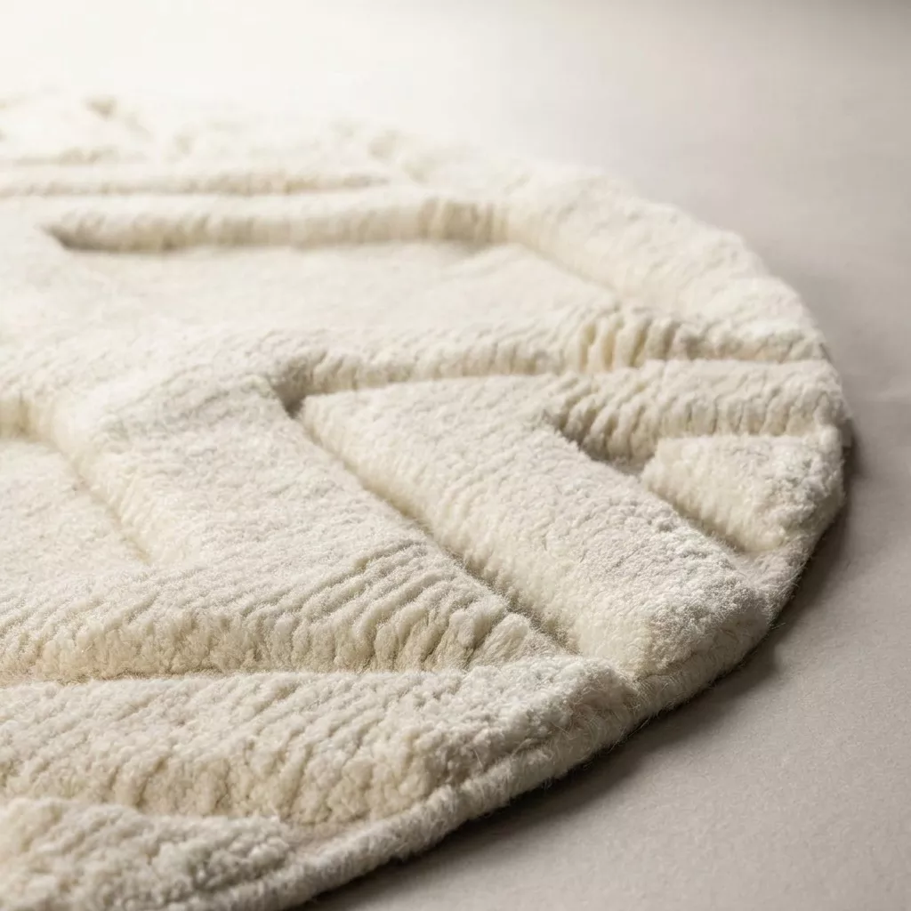 Tapis rond Lina en laine écru dans un salon Japandi aux murs taupe, canapé lin ivoire, plaid olive et étagère chêne