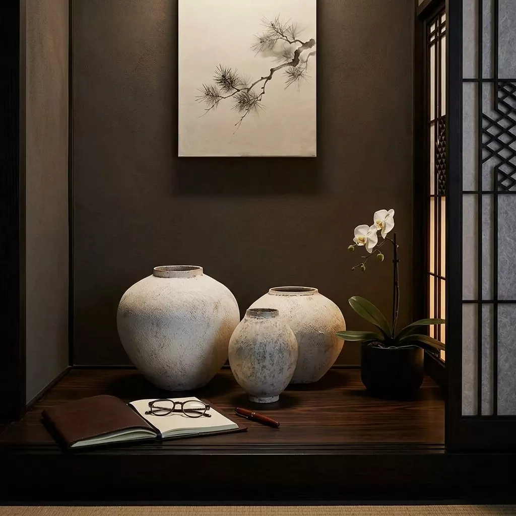 Trio de vases céramique enduit chaux sur tablette noire, intérieur japandi aux murs sombres et shoji lumineux