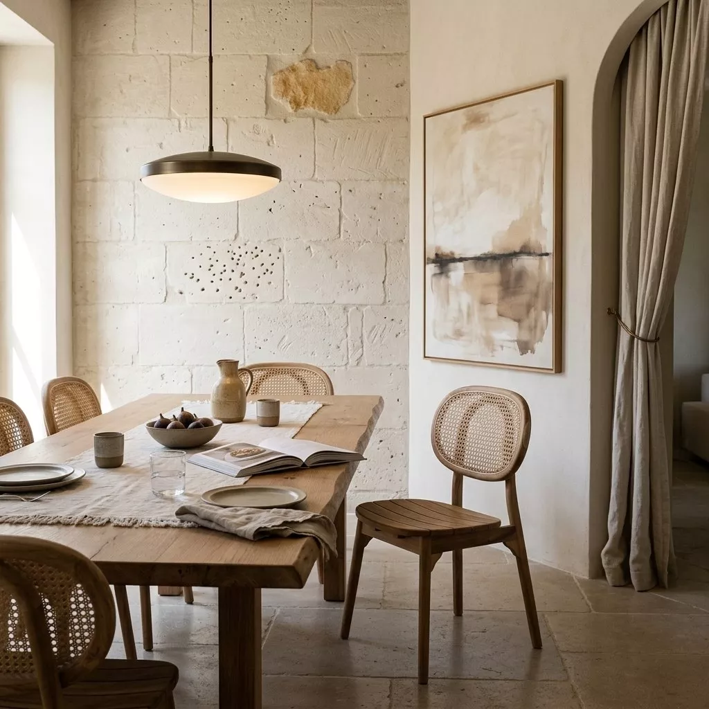 Chaise teck cannage dans une salle à manger en pierre calcaire, sol travertin, suspension métal bronzé et tableau abstrait