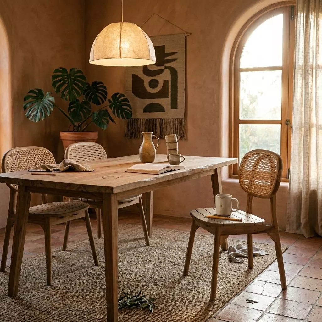 Chaise teck cannage dans une salle à manger aux murs enduit ocre, fenêtre arrondie bois, sol terracotta et monstera