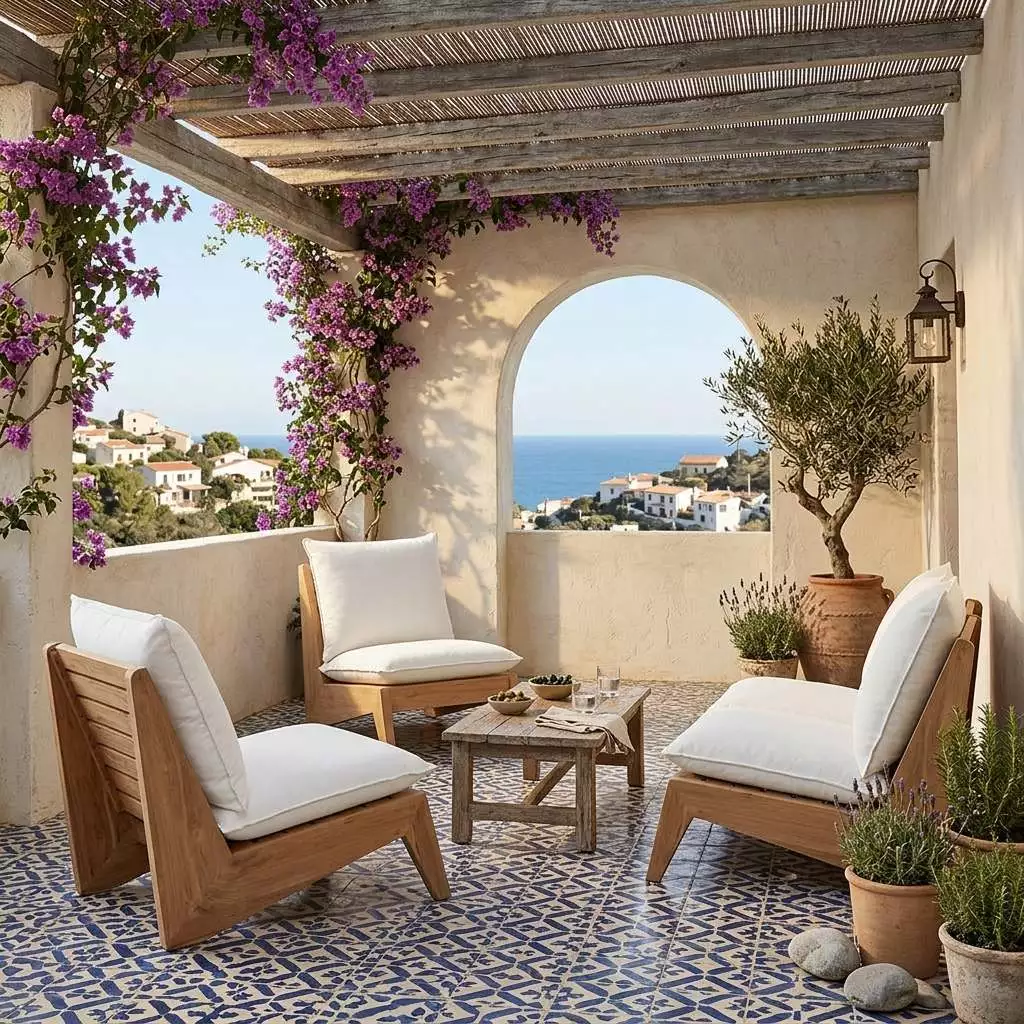 Fauteuil teck recyclé sous pergola méditerranéenne, carrelage zellige bleu, bougainvilliers violets, vue sur mer ensoleillée