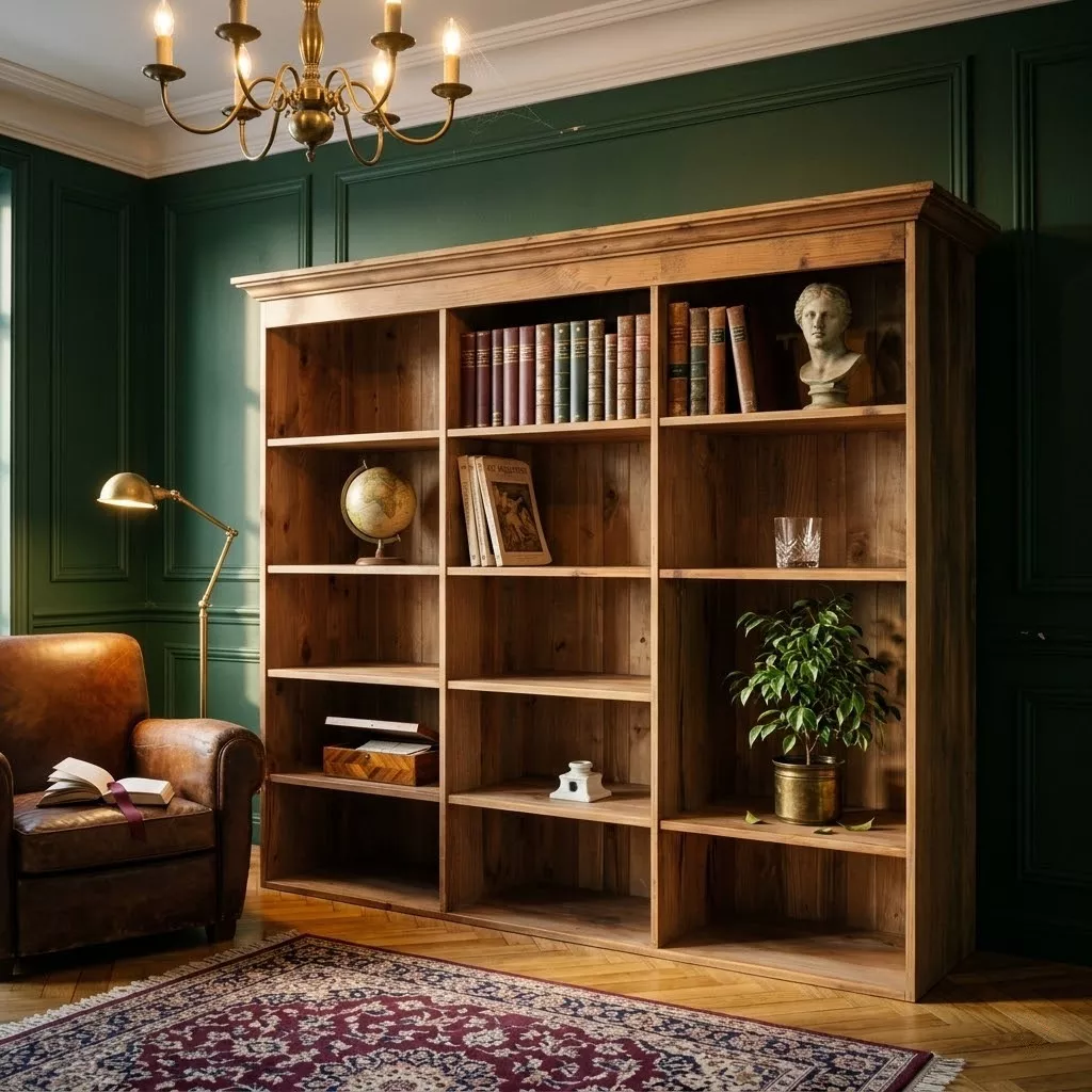 Étagère en pin recyclé naturel dans une bibliothèque aux murs vert forêt, lustre laiton et fauteuil cuir cognac