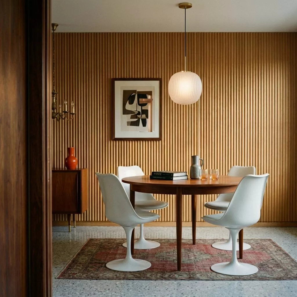 Suspension globe opalin nervuré, salle à manger Mid-Century Modern, panneaux cannelés, table teck, chaises Tulip blanches