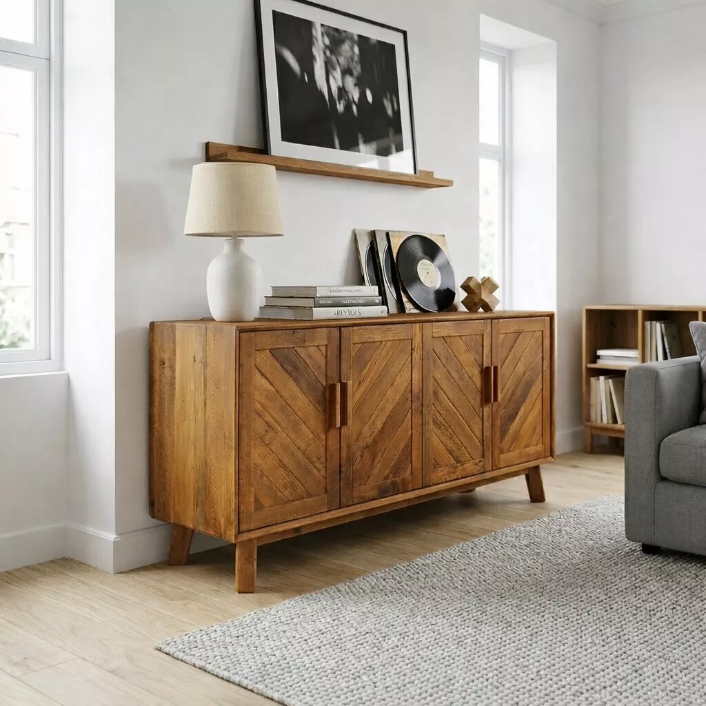 Buffet en pin recyclé dans un salon organic modern clair, murs blancs, parquet naturel, lampe céramique et décor vinyle