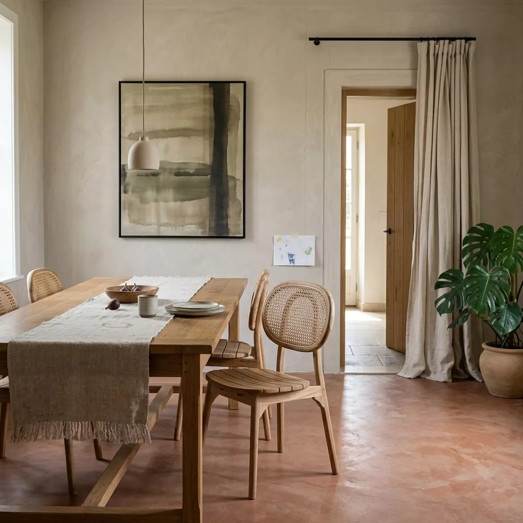 Chaise teck cannage dans une salle à manger épurée en enduit pâle, sol résine rosé, table bois longue et runner lin frangé