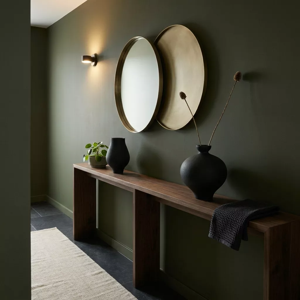 Duo de vases céramique noire sur console noyer, couloir murs olive profond et miroirs laiton, sol pierre sombre