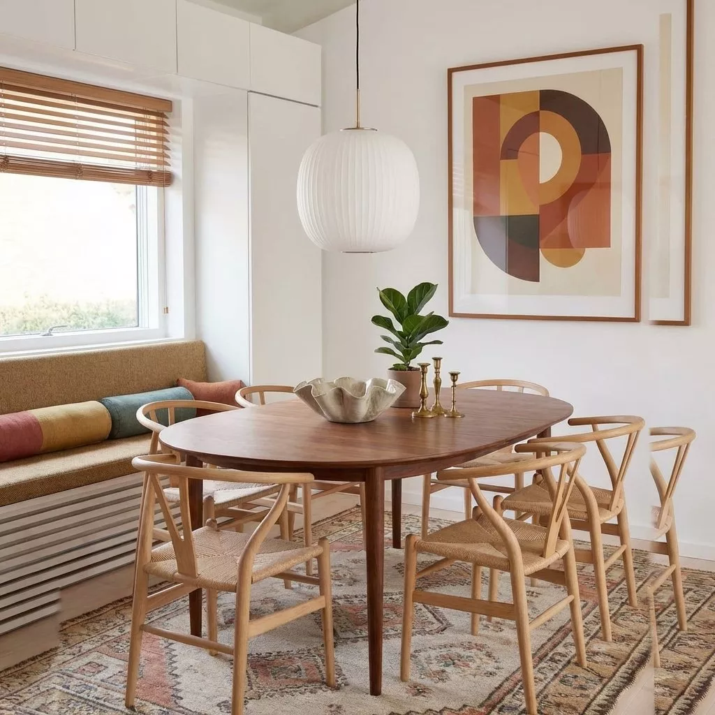 Suspension globe opalin nervuré, table ovale teck et chaises wishbone frêne, intérieur lumineux tons naturels chauds