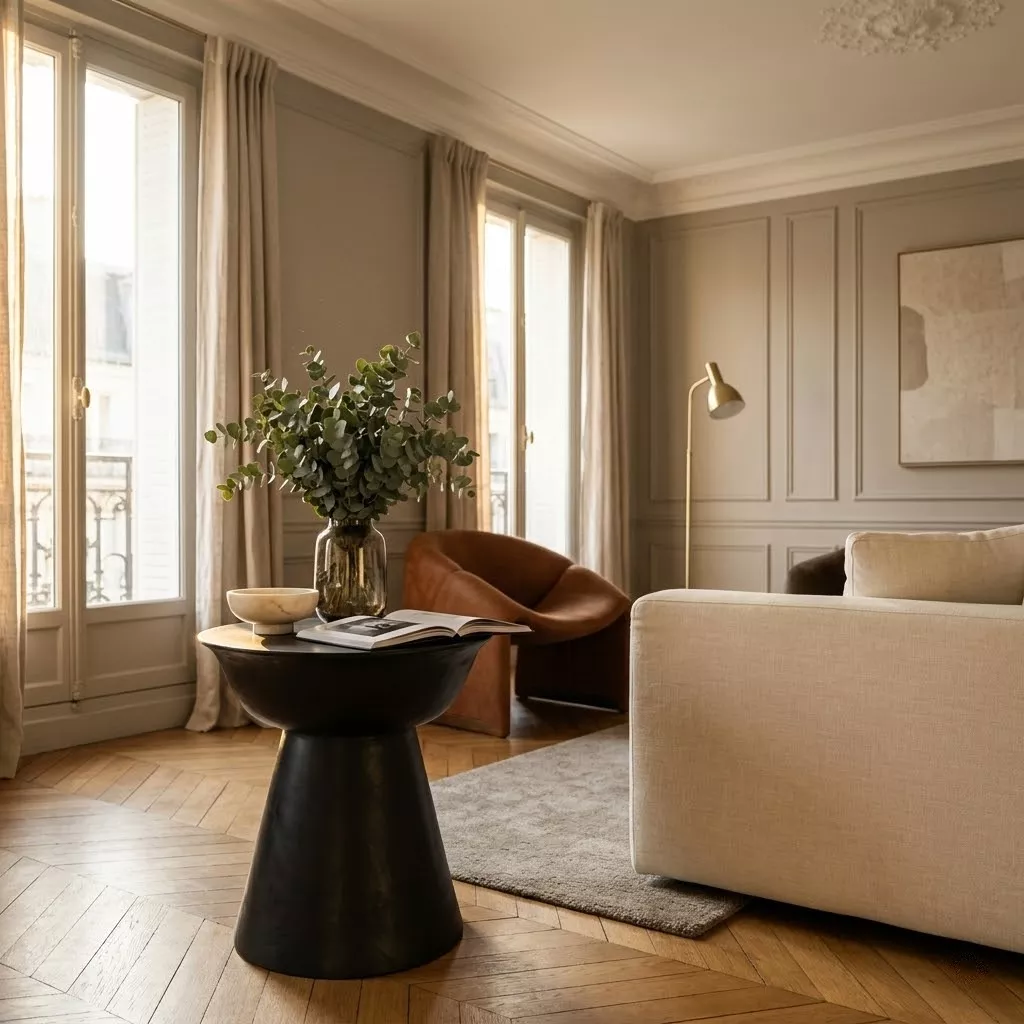 Table basse suar noir mat dans un salon aux boiseries grises, parquet en chevrons, lumière dorée de fin d'après-midi