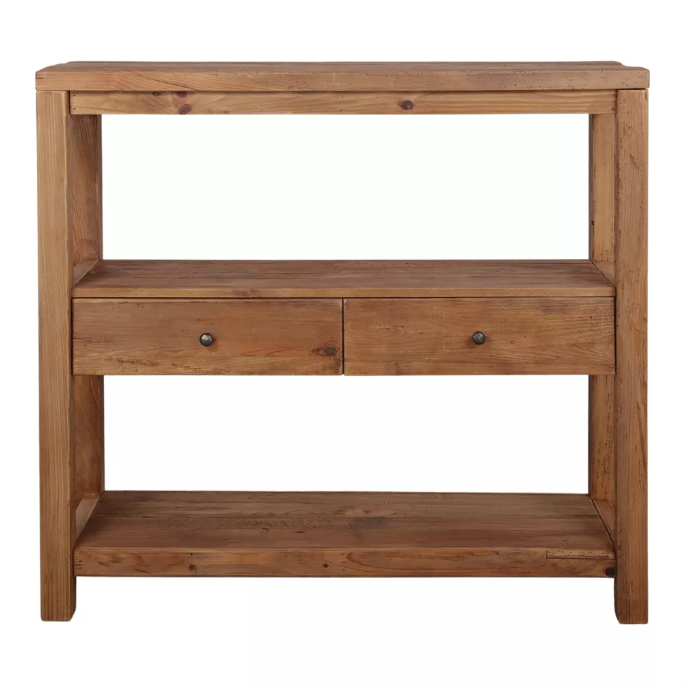 Buffet en pin recyclé naturel, vue de face, 2 tiroirs à poignées fonte noire, 3 plateaux ouverts, fond blanc