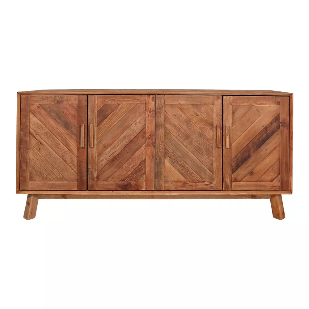 Buffet en pin recyclé naturel, vue de face, quatre portes à lattes en chevrons, poignées bois, fond blanc