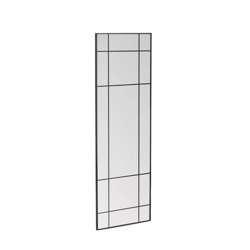 Miroir verrière aluminium laqué noir mat vue trois-quarts, silhouette pleine hauteur et grille 12 panneaux, fond blanc