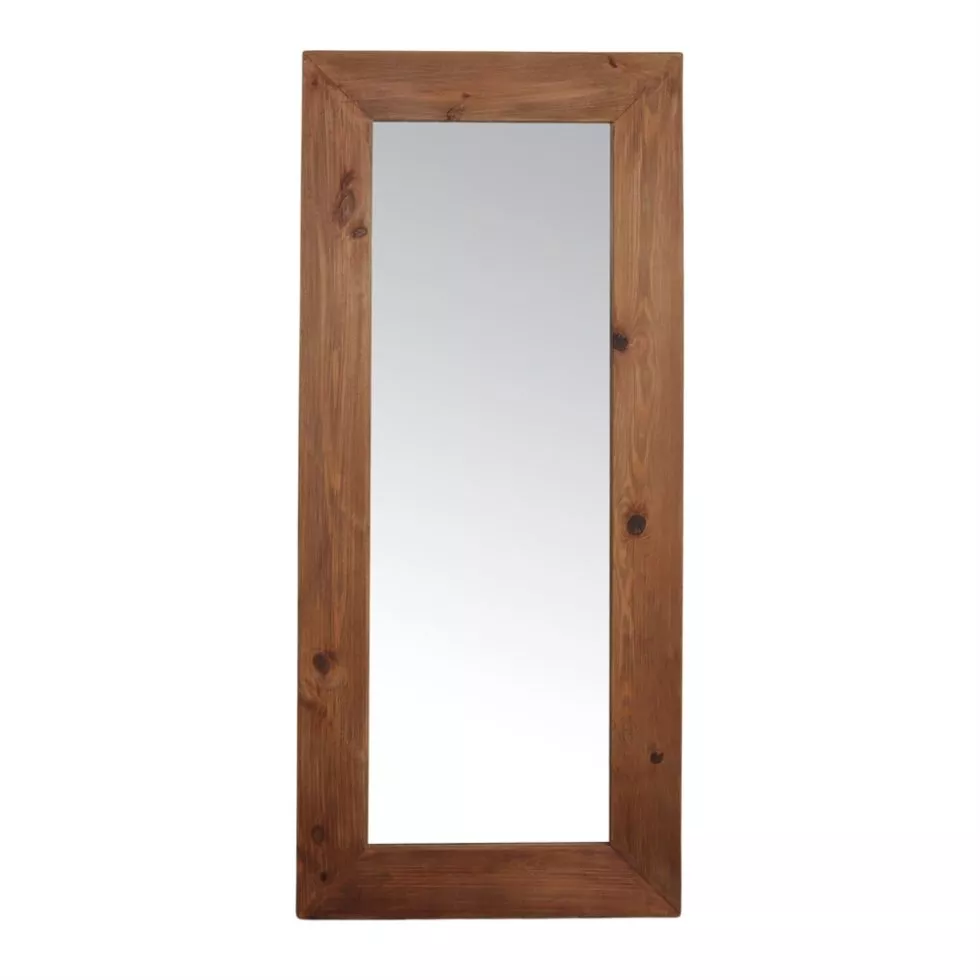 Miroir rectangulaire 80x180 en vieux bois recyclé, cadre large aux nœuds et veinage apparents, fond blanc