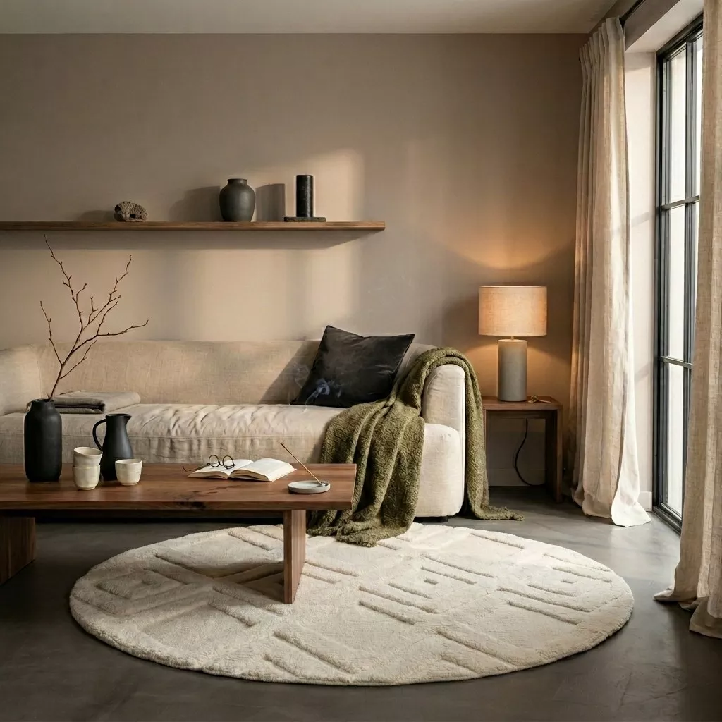 Vue latérale de la bordure arrondie du tapis Lina, velours laine écru moelleux, épaisseur et texture bien visibles