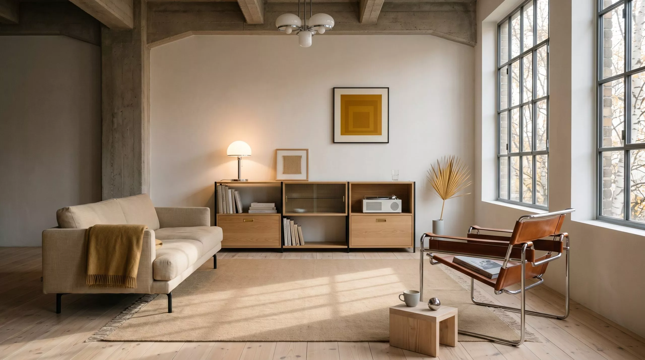 Salon Bauhaus contemporain dans un loft berlinois, chaise Wassily en acier tubulaire chromé et cuir cognac, canapé lin écru avec plaid moutarde, étagère modulaire en chêne clair et acier noir mat, lampe Wagenfeld en verre opalin et lithographie Albers sous lumière naturelle nordique