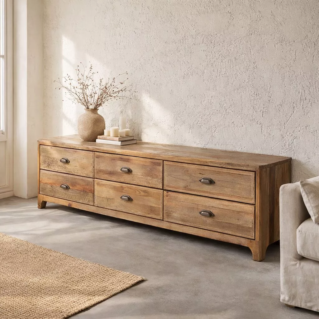 Buffet bas en pin recyclé à six tiroirs dans un salon clair, vase de branches séchées et bougies sur le plateau, mur enduit