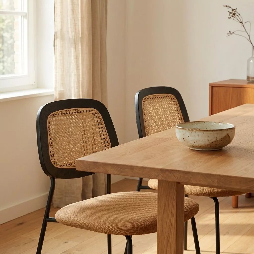 Paire de chaises à assise curry et dossier cannage bois noir autour d'une table en bois clair, salle à manger épurée