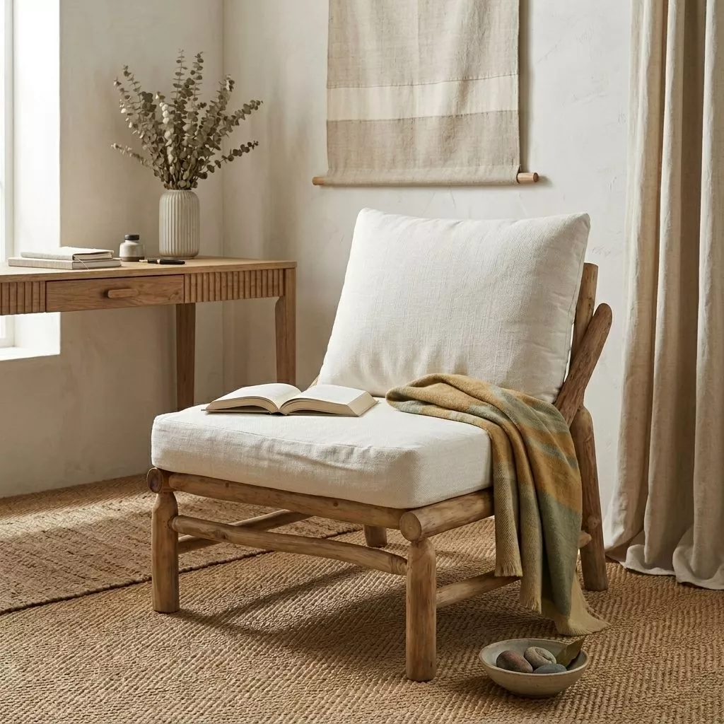 Fauteuil bois massif coussin lin ivoire dans bureau bucolique, tapis jute, desk teck cannelé, eucalyptus séché, mural lin