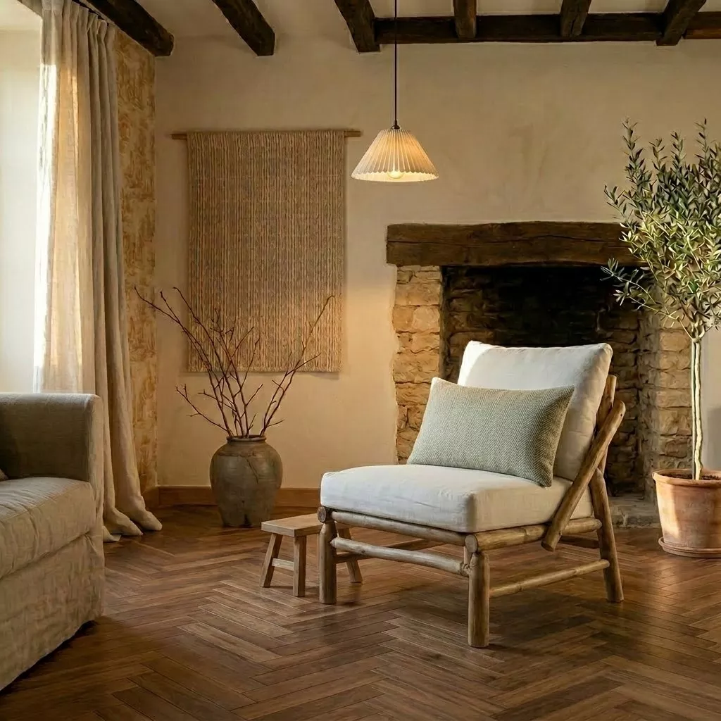 Fauteuil bois massif coussin lin ivoire, salon bucolique, cheminée pierre, parquet chevrons, olivier terracotta, mural jute