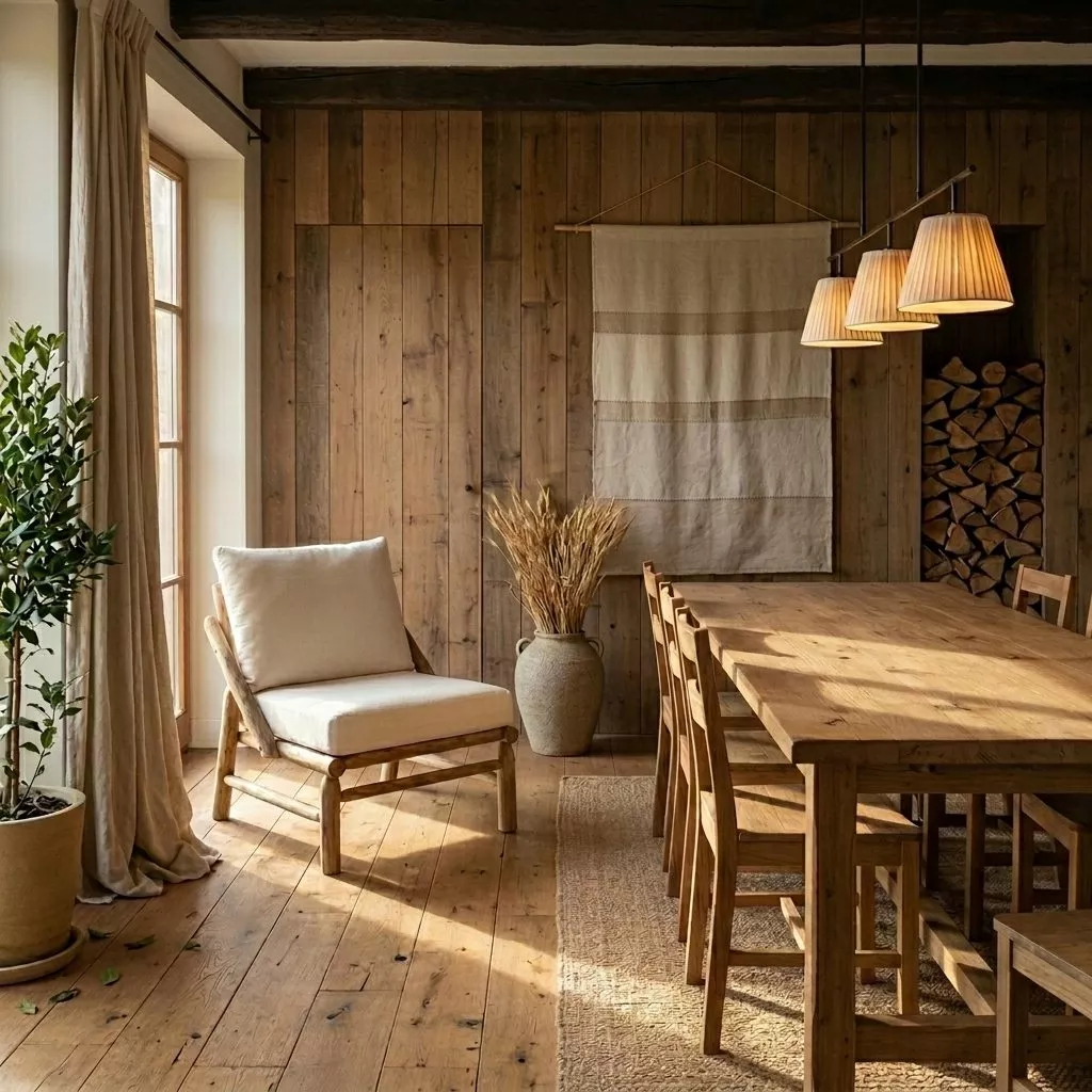 Fauteuil bois massif coussin lin ivoire, salle à manger lambris bois, table chêne, bûches empilées, vase grès, mural lin