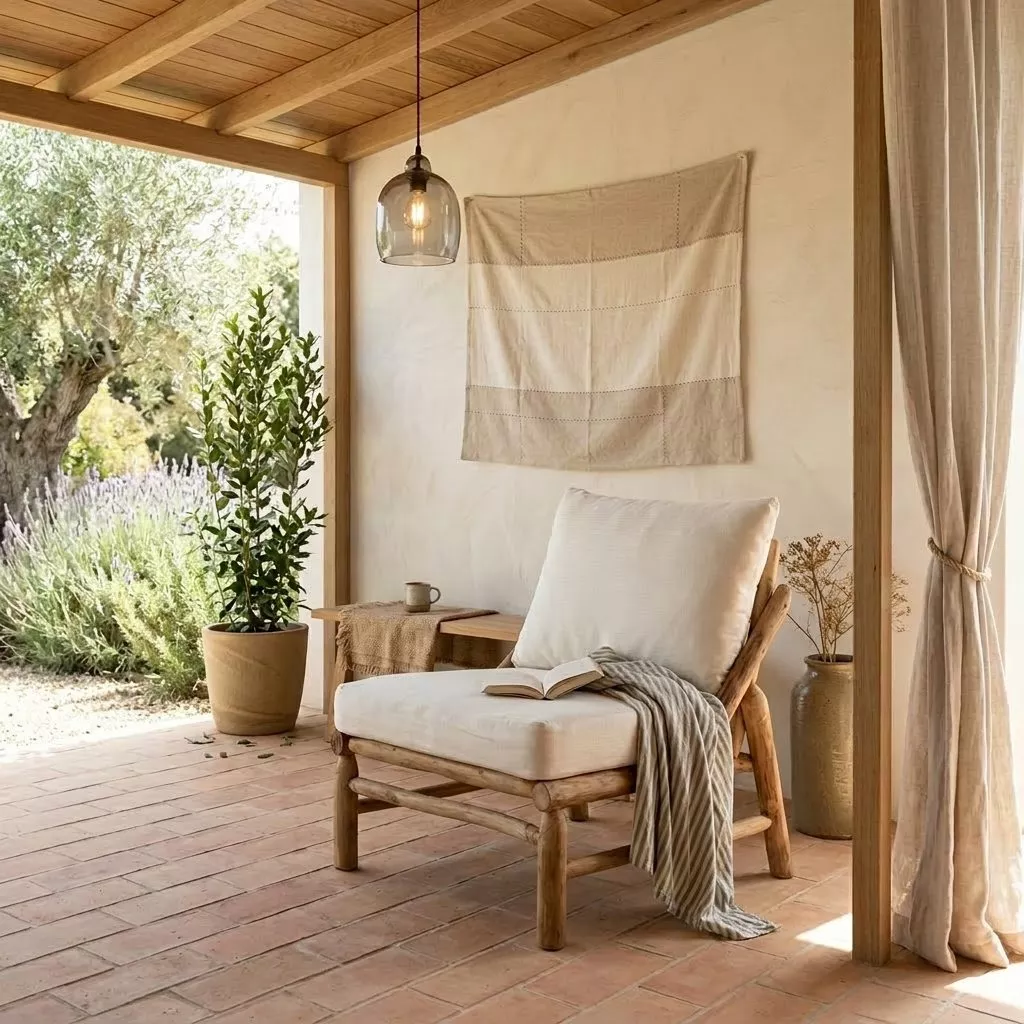 Fauteuil bois massif coussin lin ivoire, terrasse terracotta, olivier, lavande, mural lin, suspension verre, jarre grès