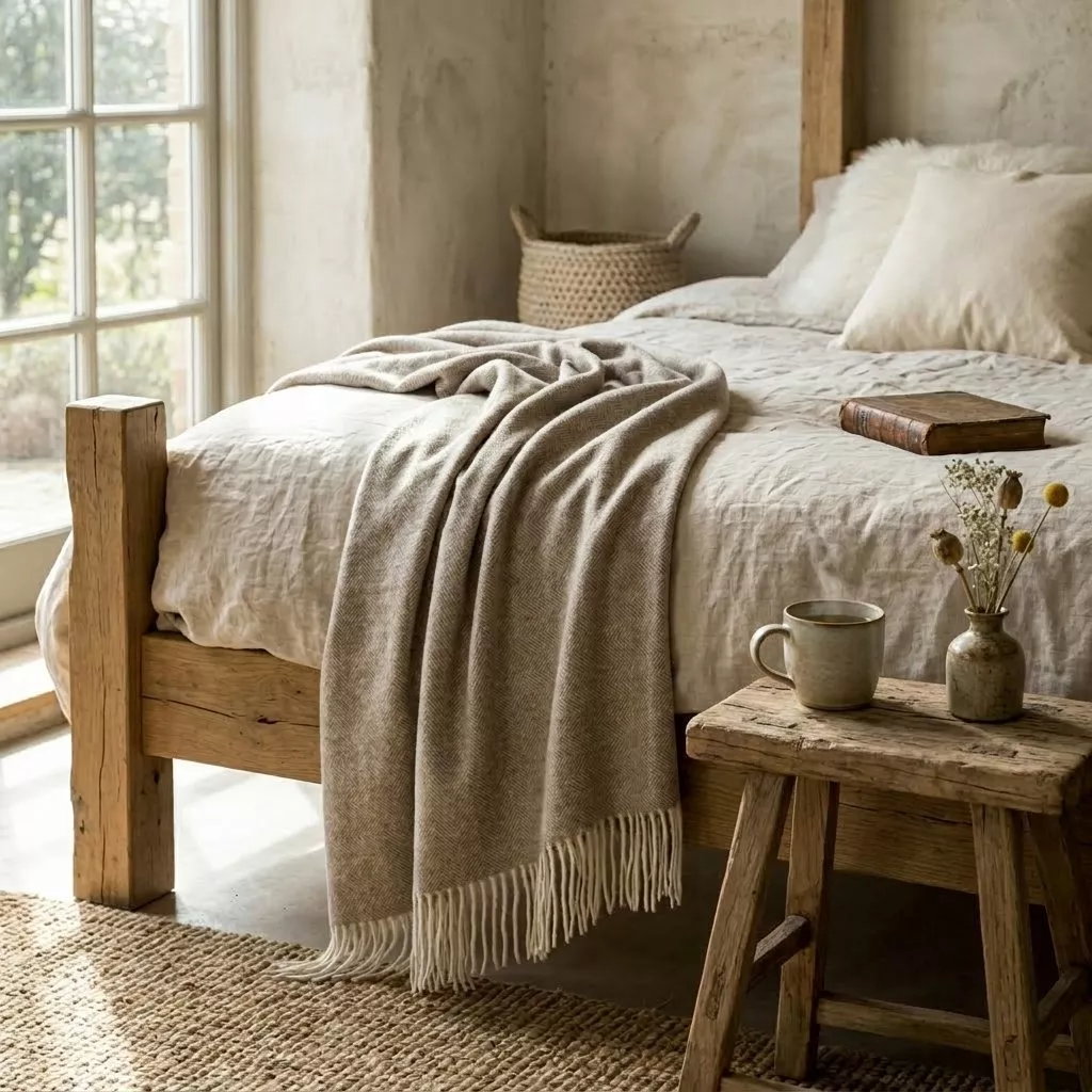 Plaid écru drapé sur un lit en bois brut, lin froissé et banc en bois patiné dans une chambre bucolique épurée.