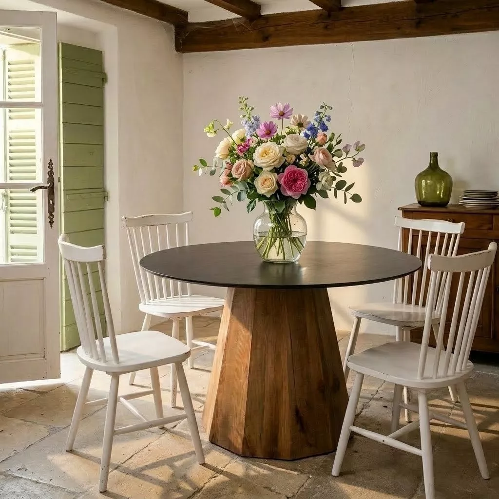 Table ronde à plateau noir et base en pin recyclé dans une salle à manger campagne, bouquet de fleurs et porte verte