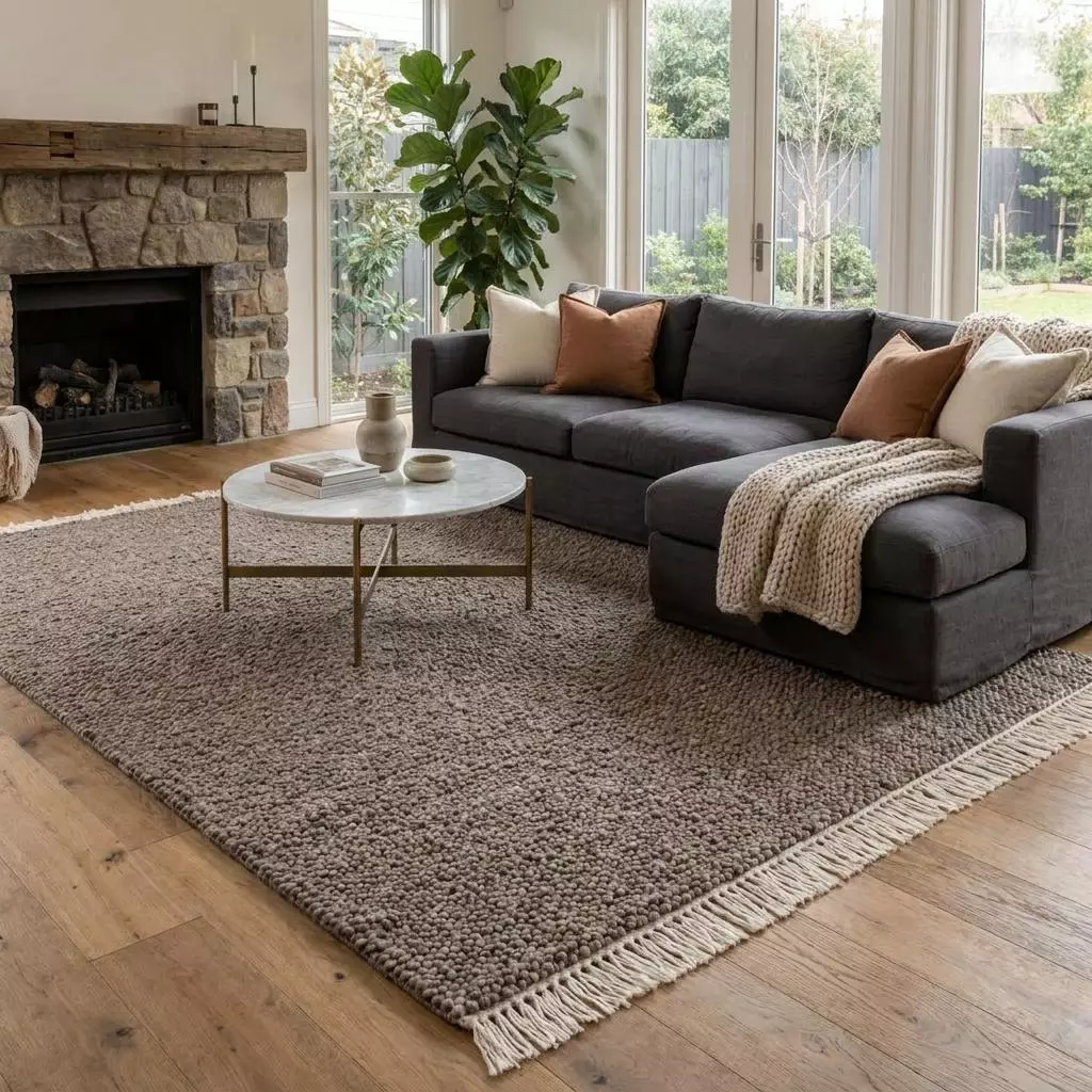 Tapis laine bouclé greige Soma sous un canapé anthracite et une table basse en marbre, salon à cheminée de pierre