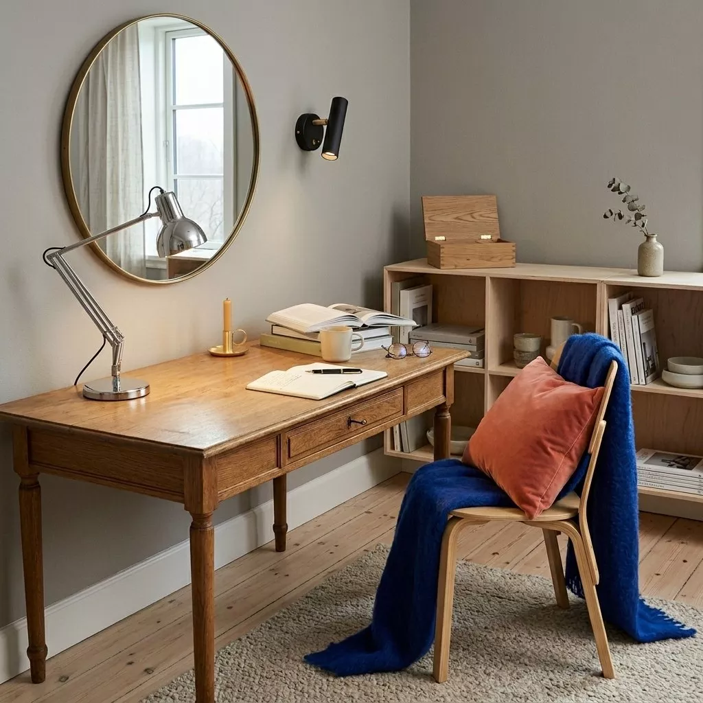 Applique cylindre orientable noir et laiton sur mur gris, grand miroir rond en laiton, bureau en chêne et plaid bleu