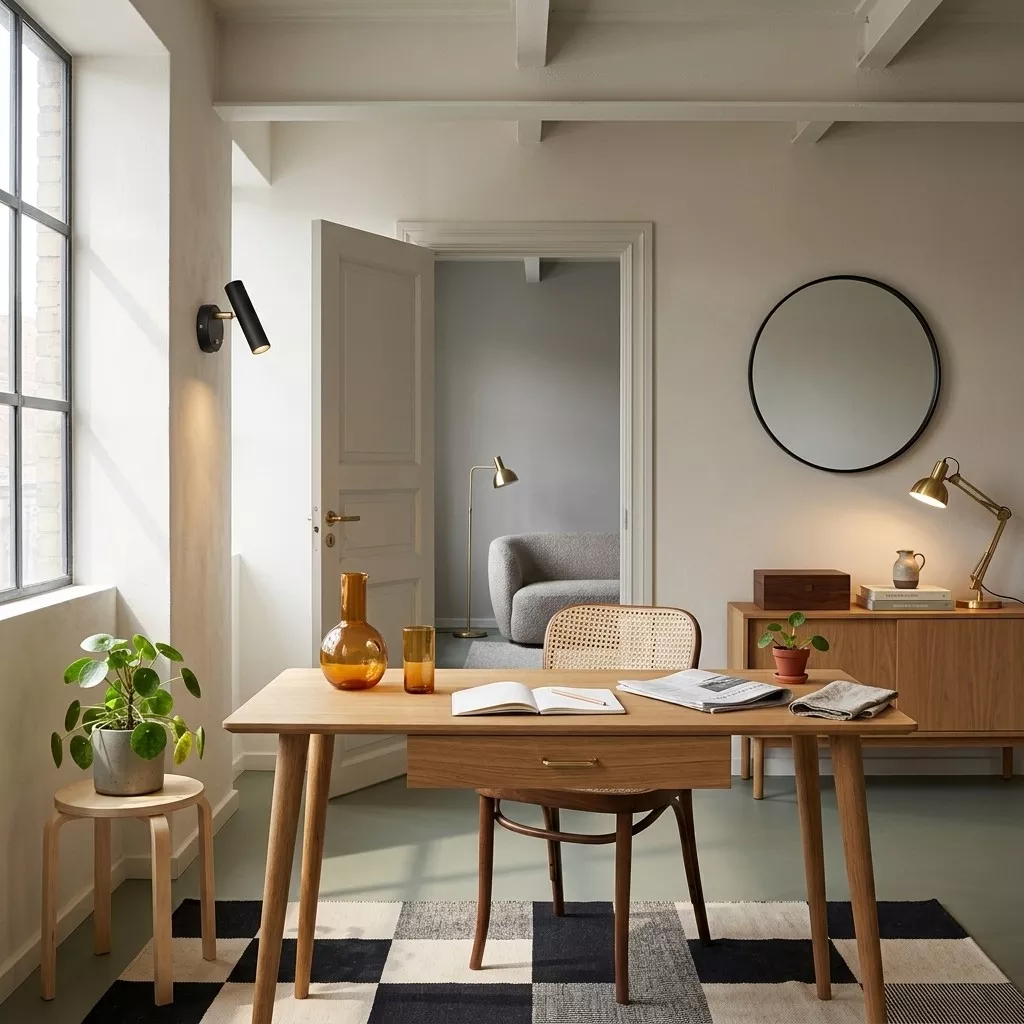 Applique cylindre orientable noir et laiton allumée sur mur blanc, bureau en chêne, miroir rond et tapis graphique