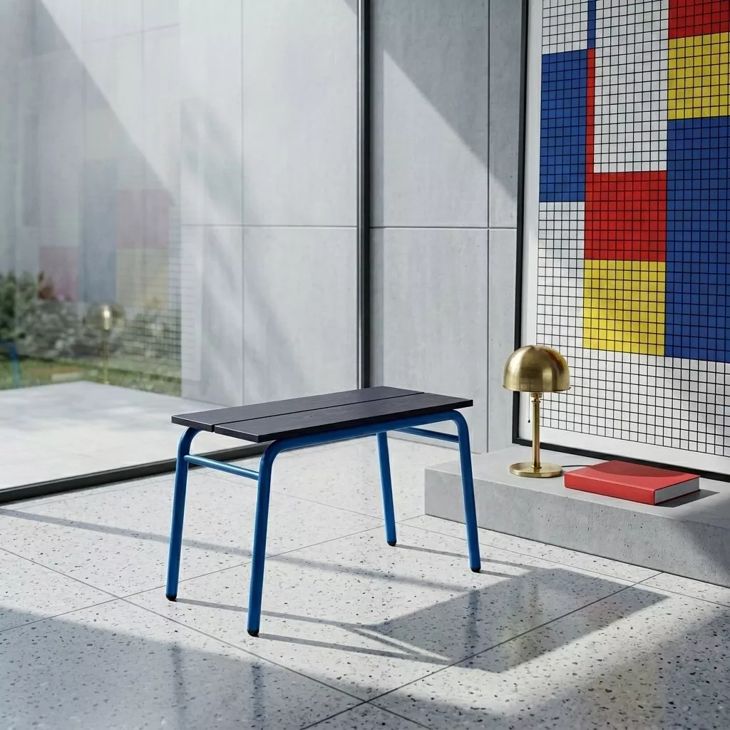 Banc bleu tubulaire à plateau bois sombre sur sol en pierre claire, lampe métal doré et œuvre géométrique rouge bleu jaune