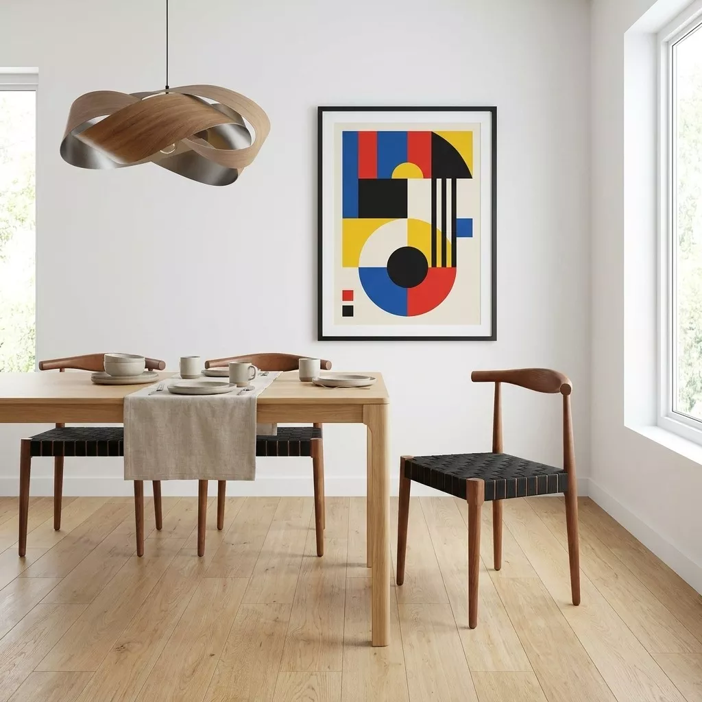 Chaise frêne teinté noyer et sangle noire autour d'une table claire, salle à manger graphique aux formes colorées encadrées
