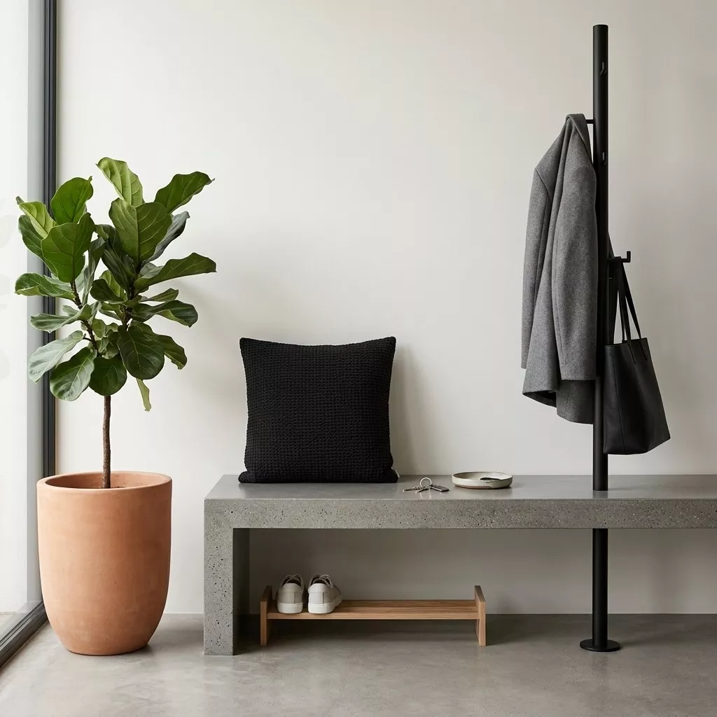 Coussin gaufré noir posé sur un banc en béton ciré, mur clair épuré et portemanteau noir avec manteau gris.