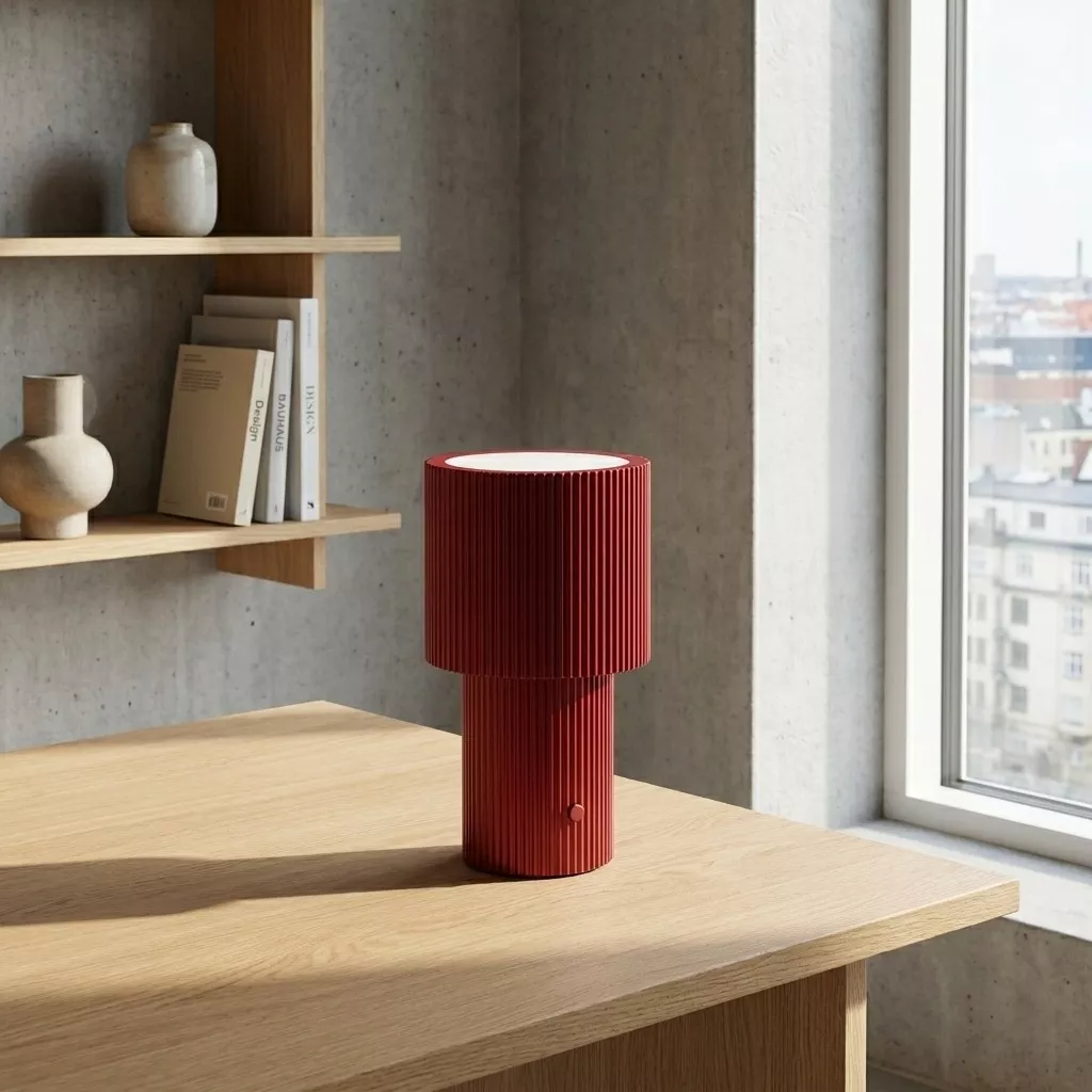 Lampe à poser rechargeable rouge cannelée sur une table en bois clair, étagère scandi avec vases et livres design.