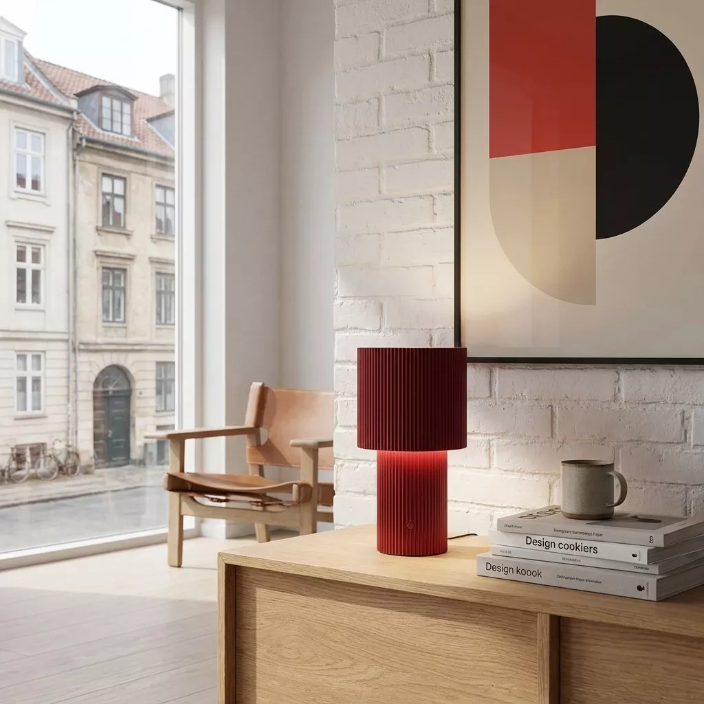 Lampe à poser rechargeable rouge allumée sur un meuble en bois clair, salon aux briques blanches et fauteuil en paille.