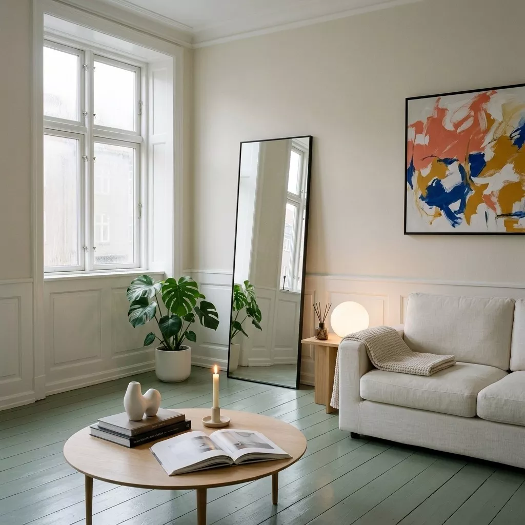 Miroir plein pied noir posé dans un salon clair, parquet vert sauge, moulures blanches et art abstrait au mur
