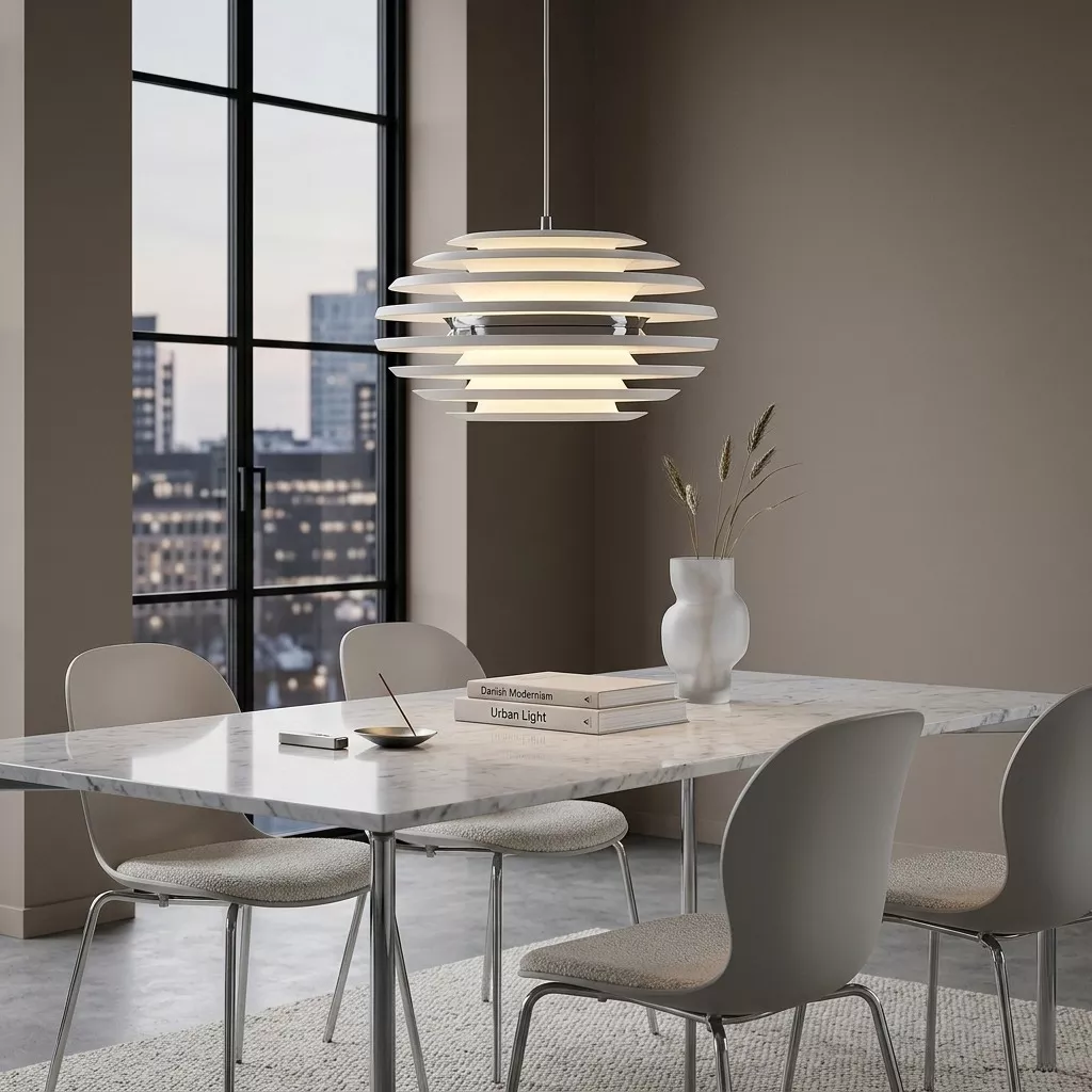 Suspension blanche à lamelles et anneau chromé au-dessus d'une table claire, salle à manger nordique et verrière acier