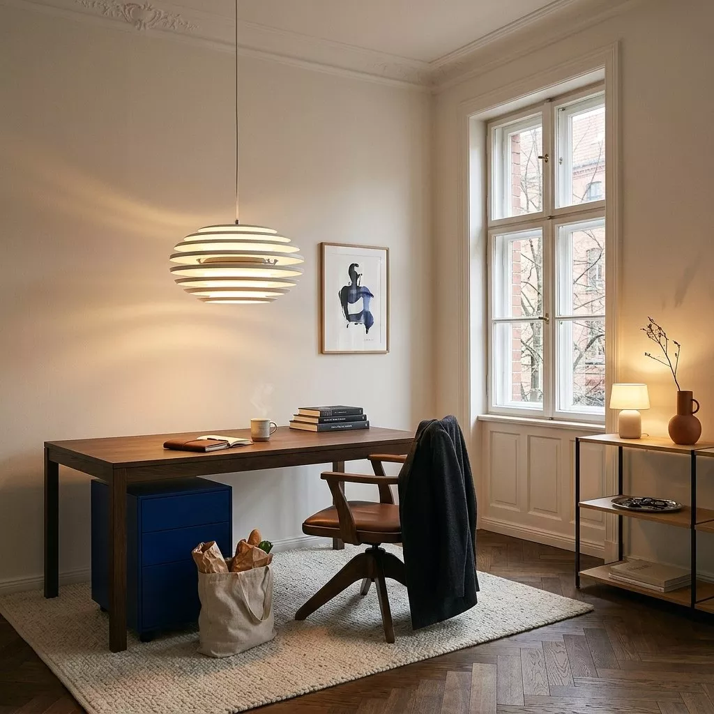 Suspension blanche à lamelles empilées dans un bureau lumineux, caisson bleu, fauteuil en cuir et toile encadrée