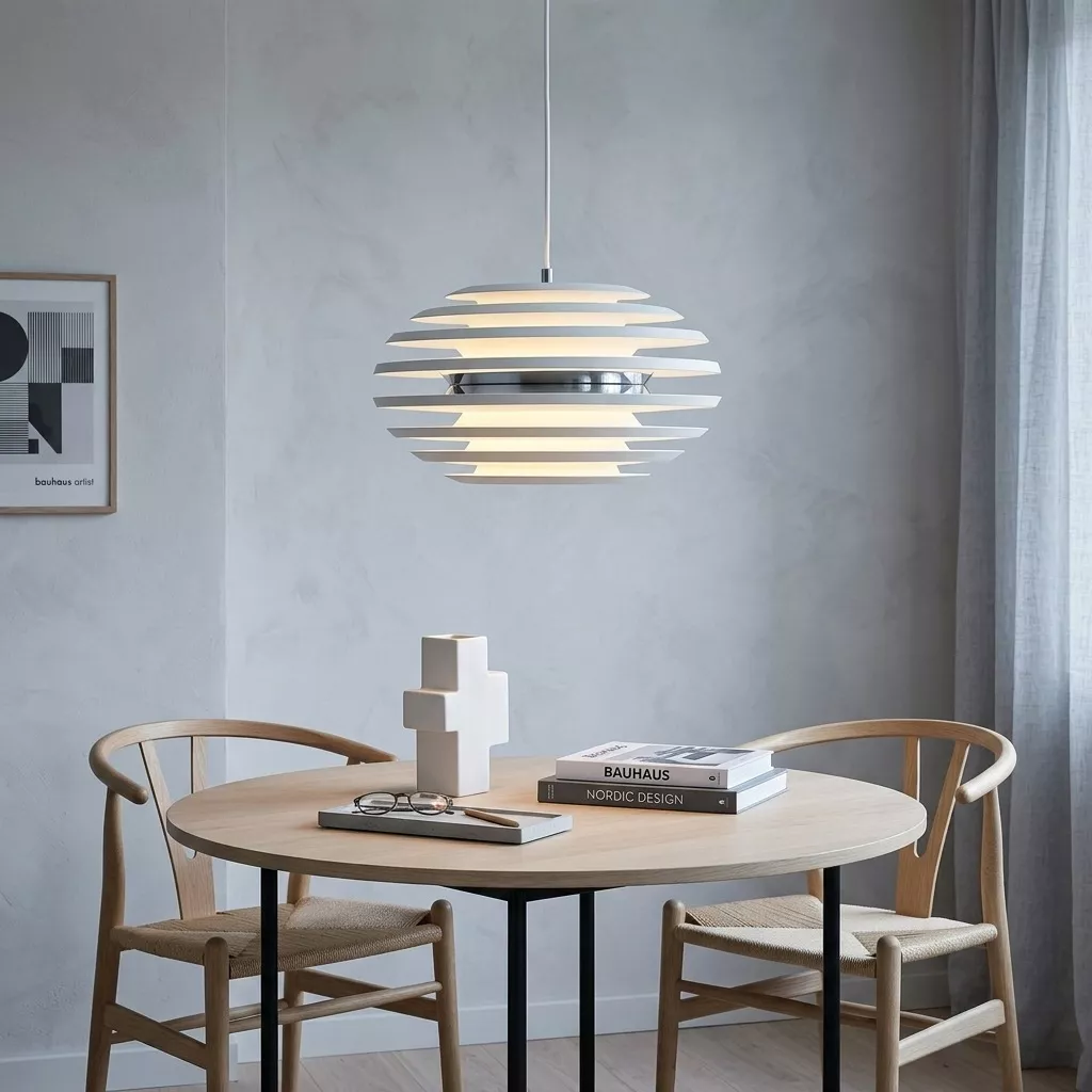 Suspension blanche à lamelles empilées au-dessus d'une table ronde en chêne, chaises tressées et affiche graphique
