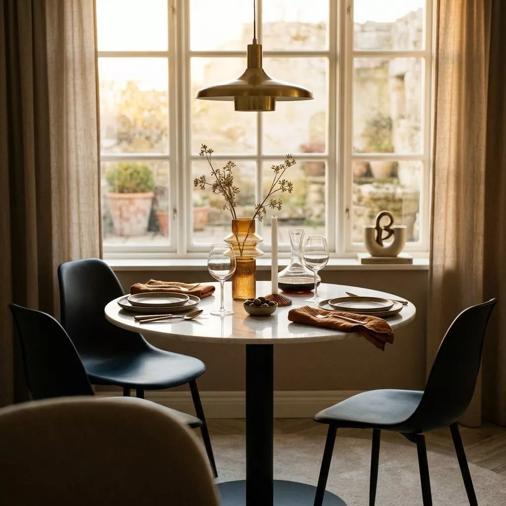 Table ronde marbre blanc et pied central acier noir, chaises coque sombre, fenêtre à carreaux et suspension laiton classique.