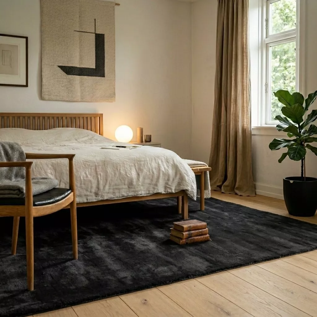 Tapis viscose anthracite au pied d'un lit en bois clair, parure lin écru, tenture murale géométrique et grande plante verte
