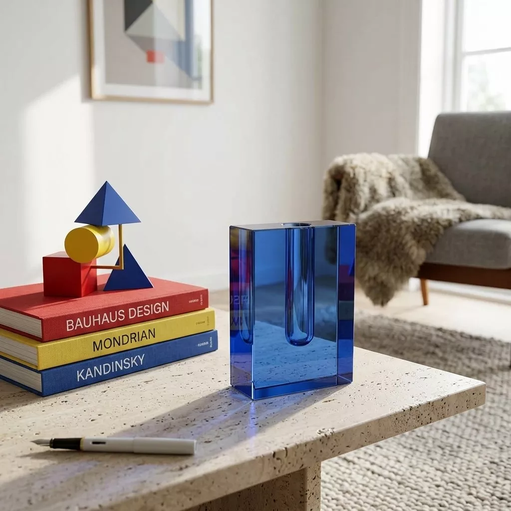 Soliflore en cristal bleu cobalt sur une table en pierre claire veinée, livres de design et canapé gris en arrière-plan