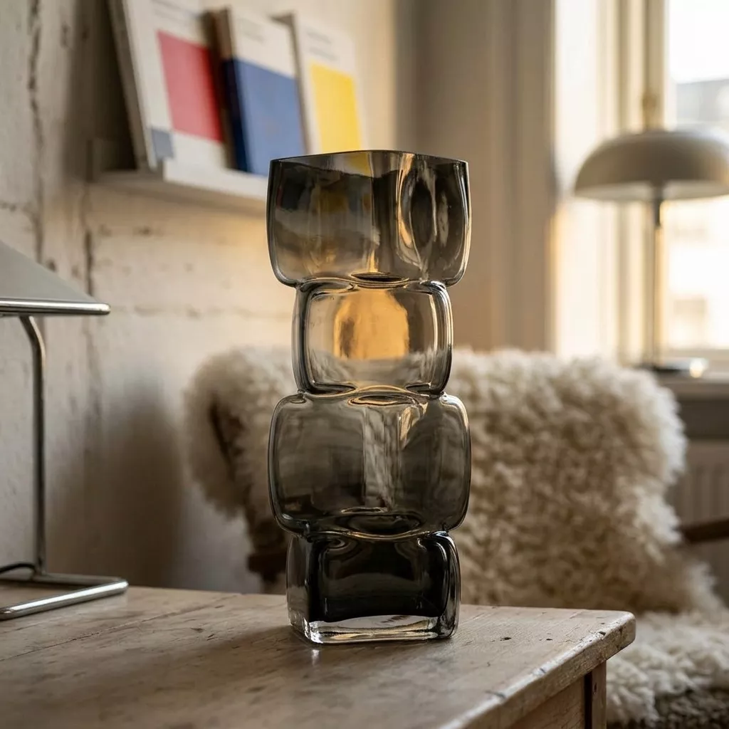 Vase verre fumé en colonne de cubes sur table bois clair patiné, peau de mouton sur banc et posters géométriques colorés