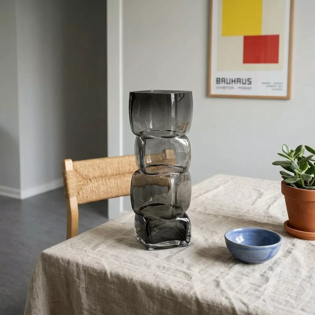 Vase verre fumé en colonne de cubes sur table à manger nappée de lin écru, chaise en paille tressée et bol céramique bleu