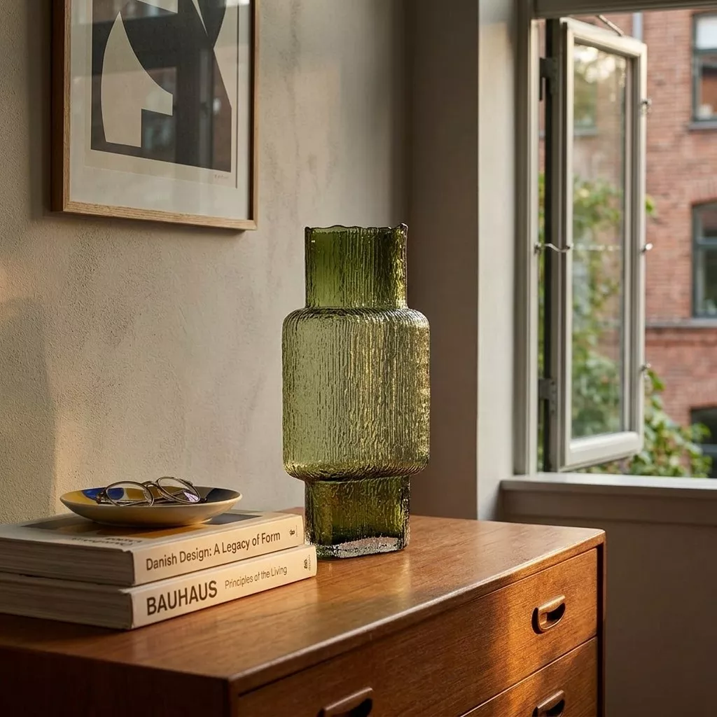Verre vert émeraude recyclé à silhouette étagée, posé sur une commode en bois chaud devant une fenêtre, ambiance épurée
