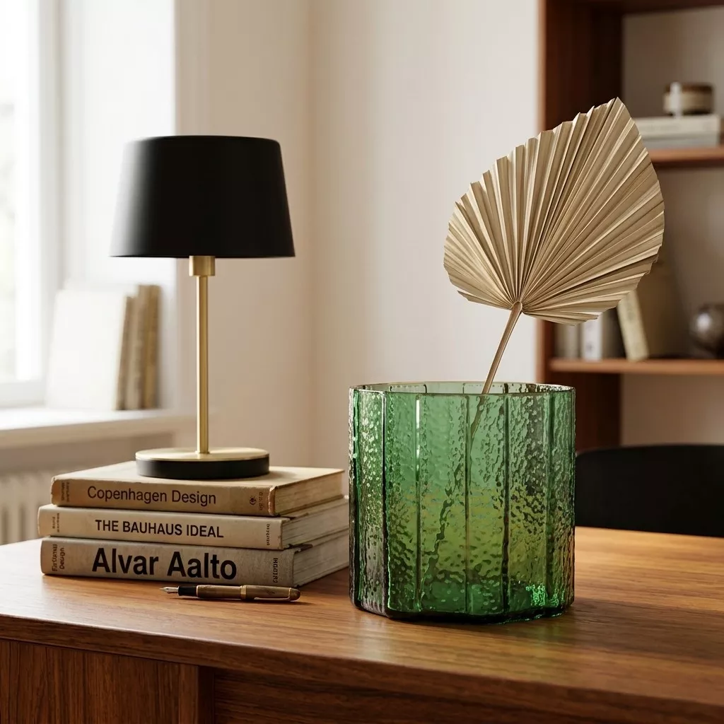 Vase en verre vert émeraude texturé avec une feuille séchée, sur un buffet en bois foncé, livres de design et lampe à côté