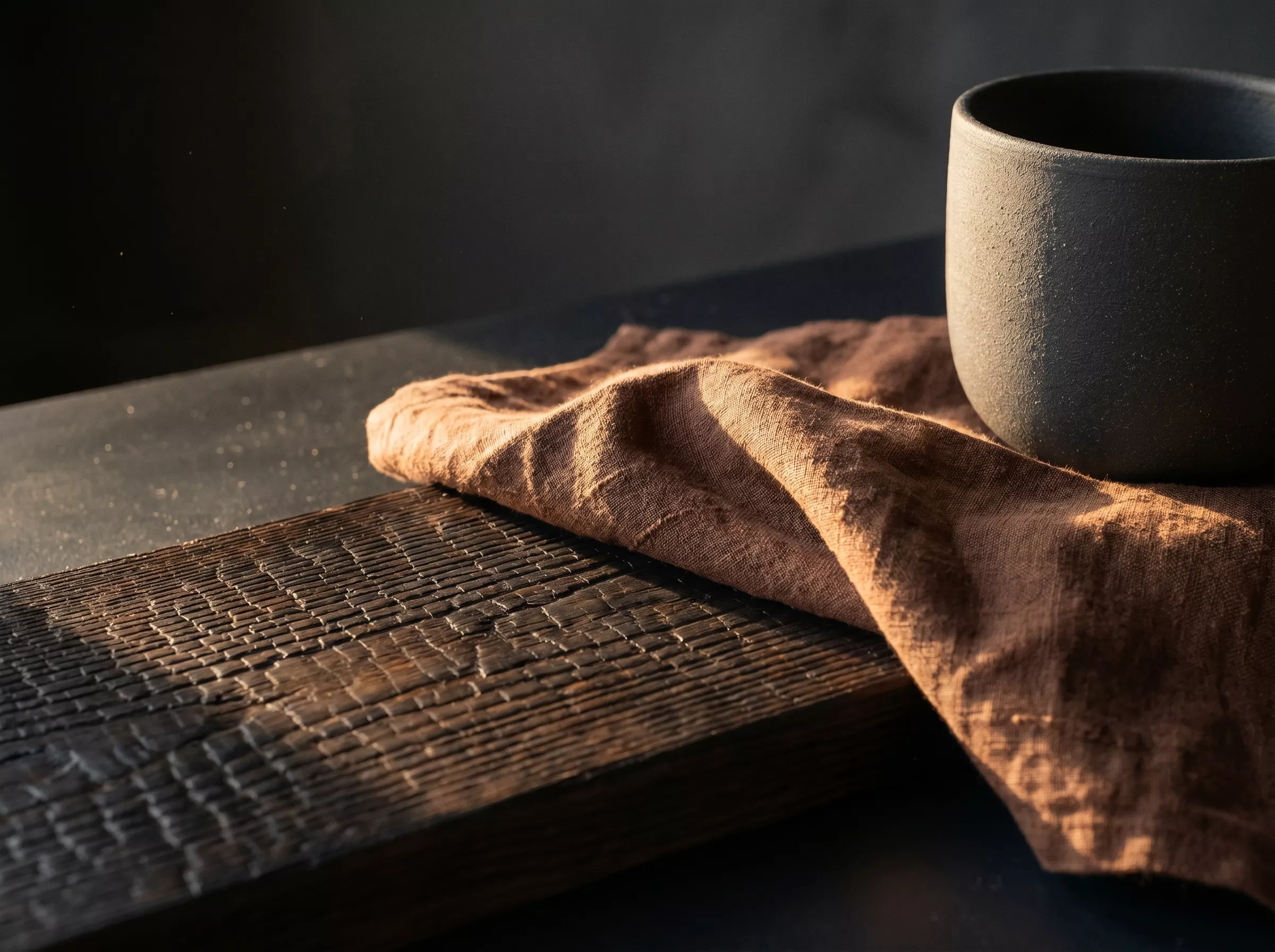 Macro Dark Japandi, surface shou sugi ban en cèdre brûlé, drapé de lin rouille chocolat et tasse en céramique anthracite mate sous lumière rasante chaude