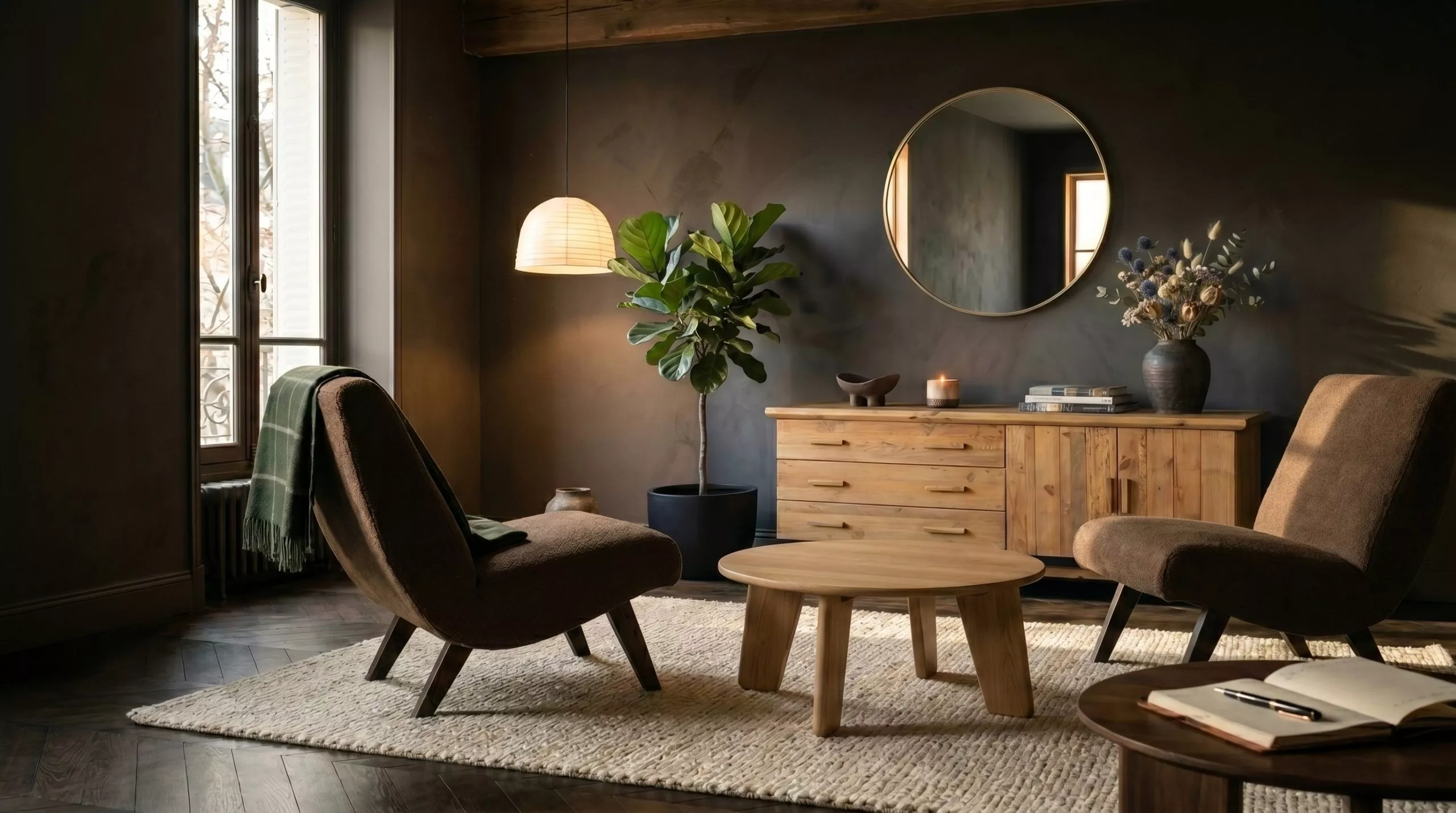 Salon Dark Japandi en duo de fauteuils bouclé brun, table basse ronde en noyer huilé, buffet bas en chêne clair, grand miroir circulaire et suspension en papier de riz sous lumière chaude latérale