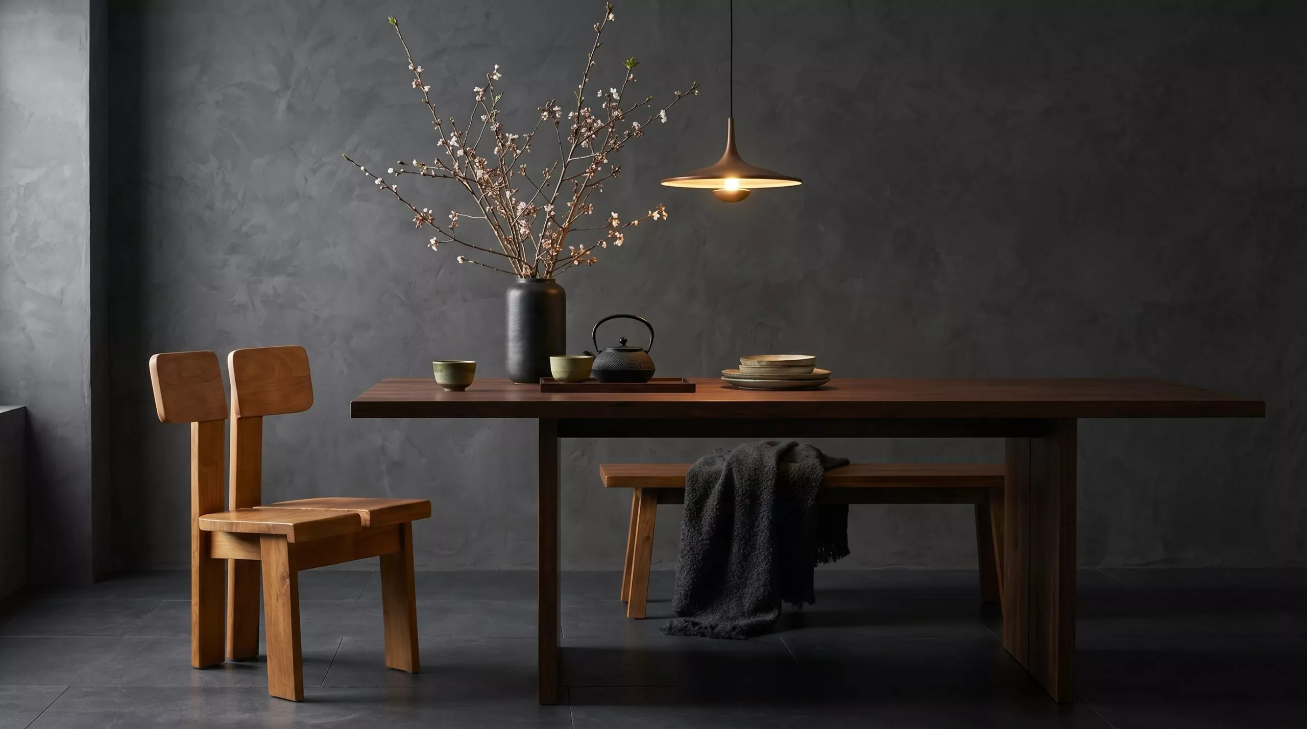 Chaise en teck massif blond au dossier dédoublé et silhouette japandi sculpturale, salle à manger aux murs enduit gris sombre avec table en bois, bench, vase noir avec branches de cerisier en fleurs et suspension cône bois